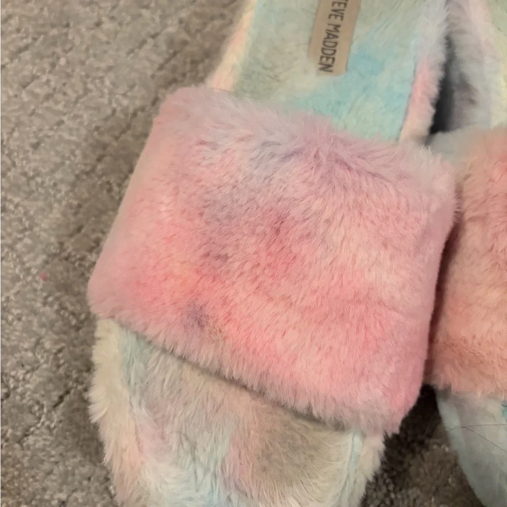 Steve Madden Multicolor Pastel or “Fabfuzz” Faux Fur Slides